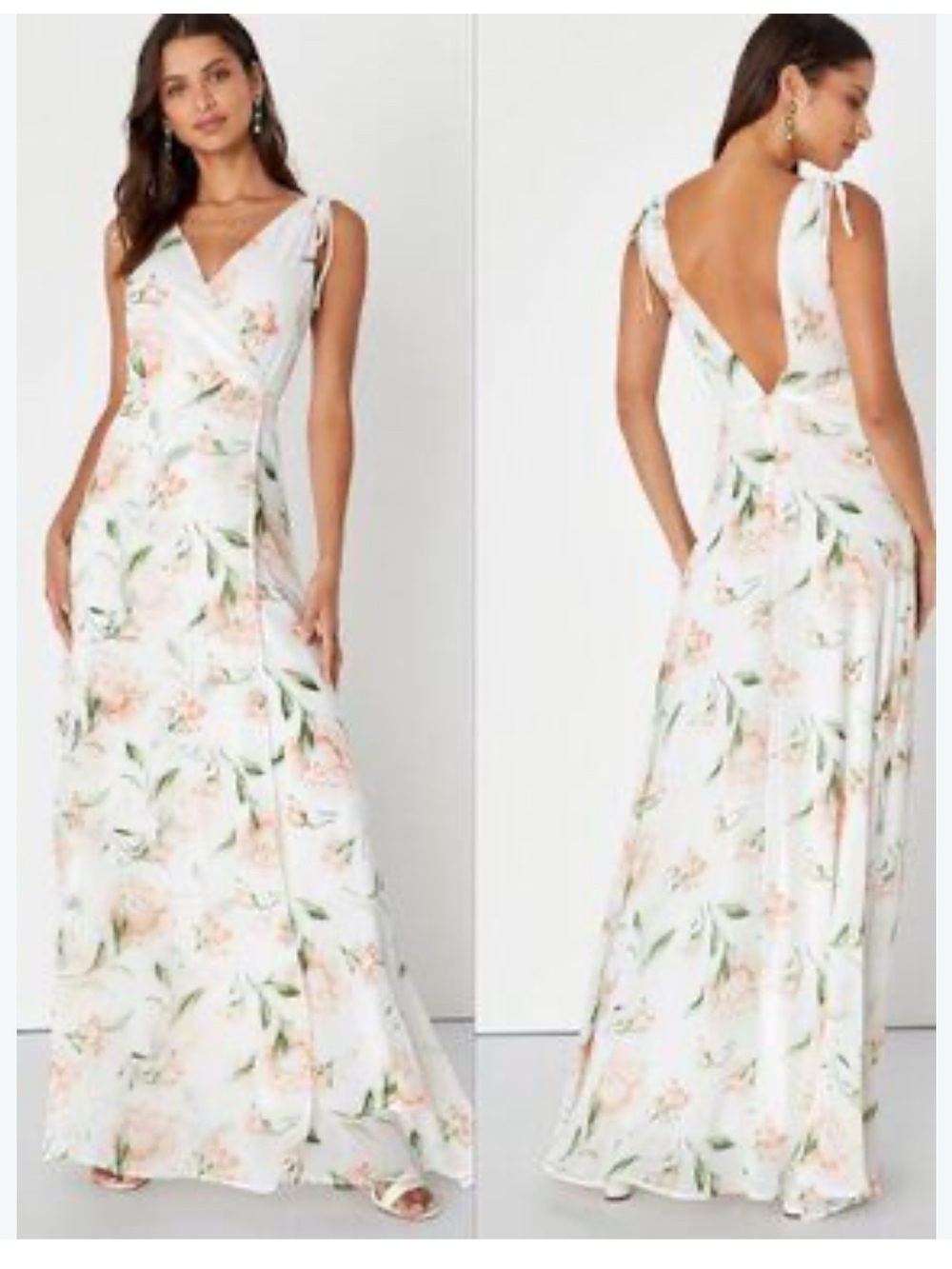 Lulu's "Romantic Possibilities" Floral Maxi Wrap Dress white with floral blooms